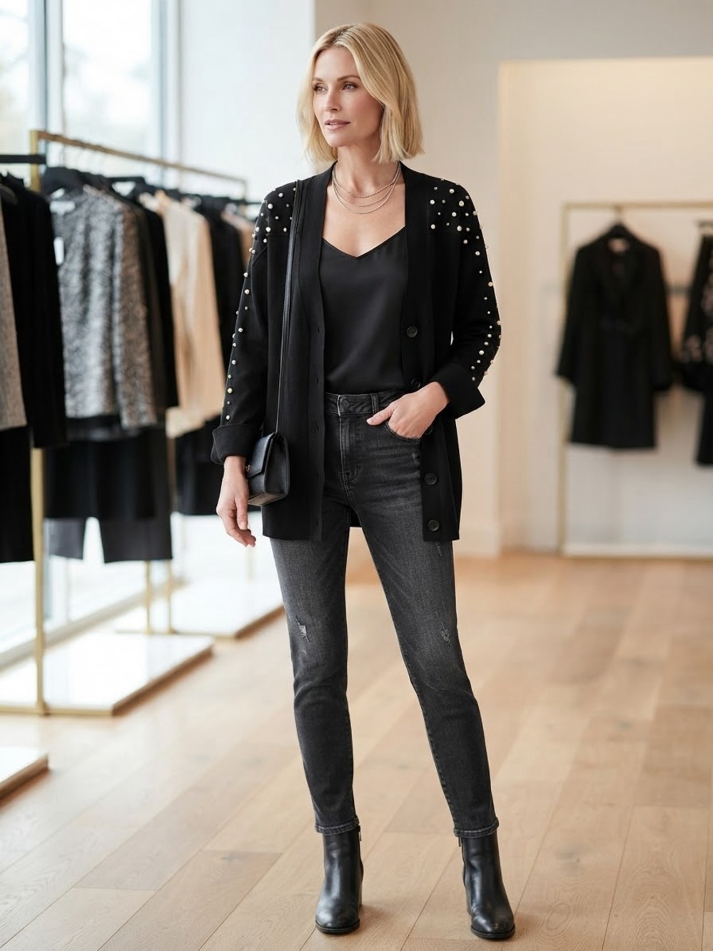 INC International Concepts Pearl Beaded Black Cardigan L⁠